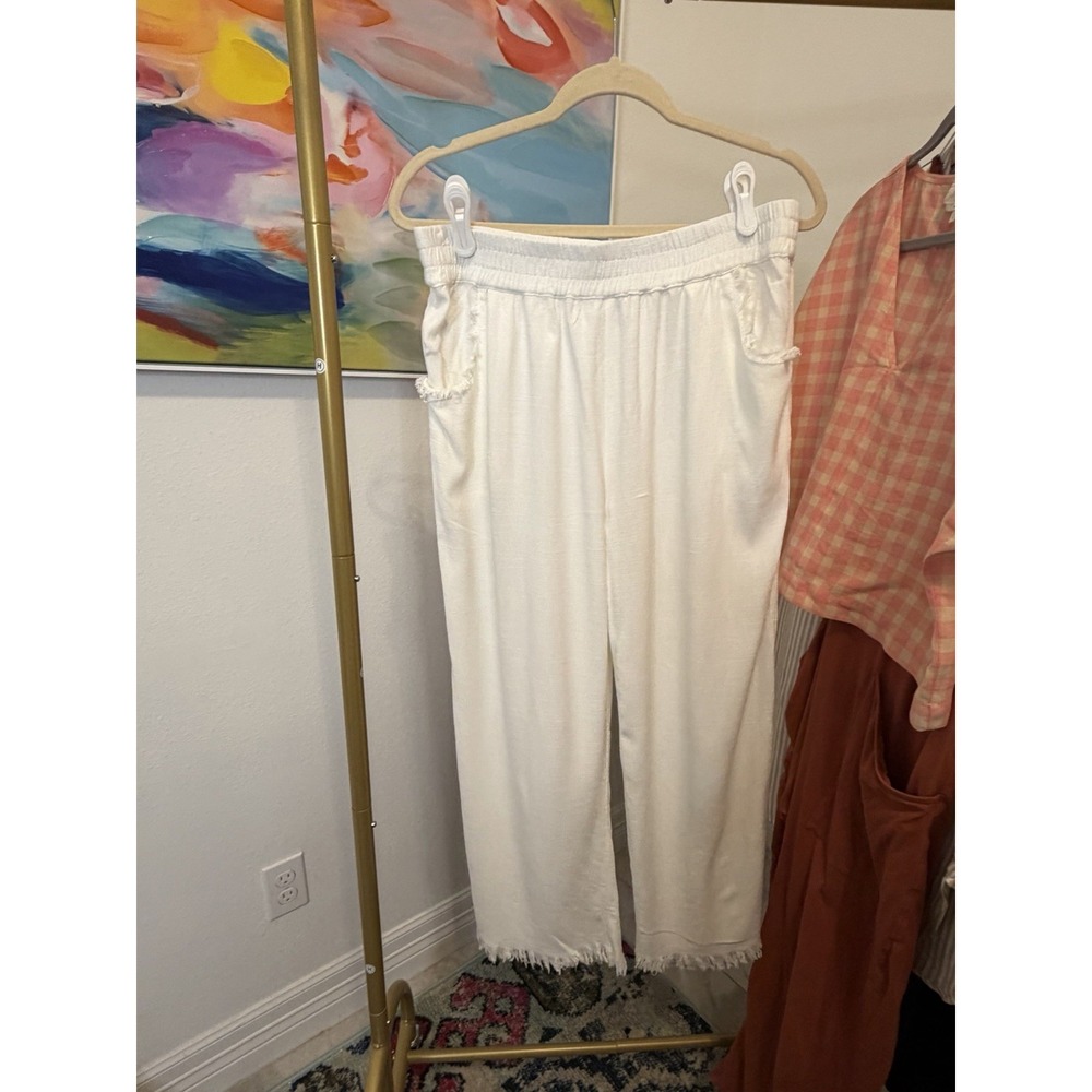 Umgee Women's Linen Blend Elastic Waistband Wide-Leg Pants White Size Medium